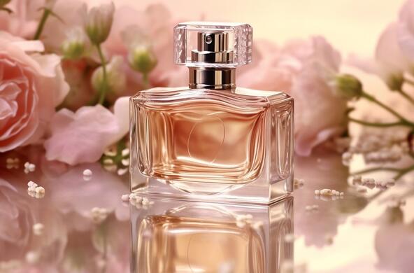 A perfume bottle surrounded by pink roses