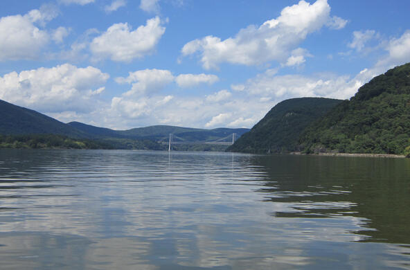 hudson river with hills and bridge